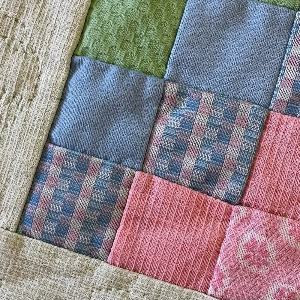 Pastel Baby Quilt Handmade Patchwork Satin Edge Crib Blanket Easter Pink Green